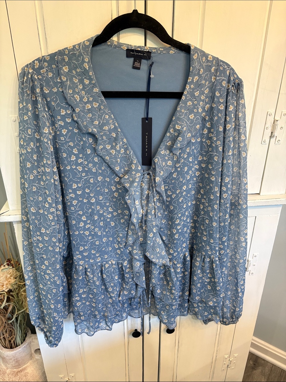 Tahari Dusty Blue Floral Tie-Neck Ruffle Blouse